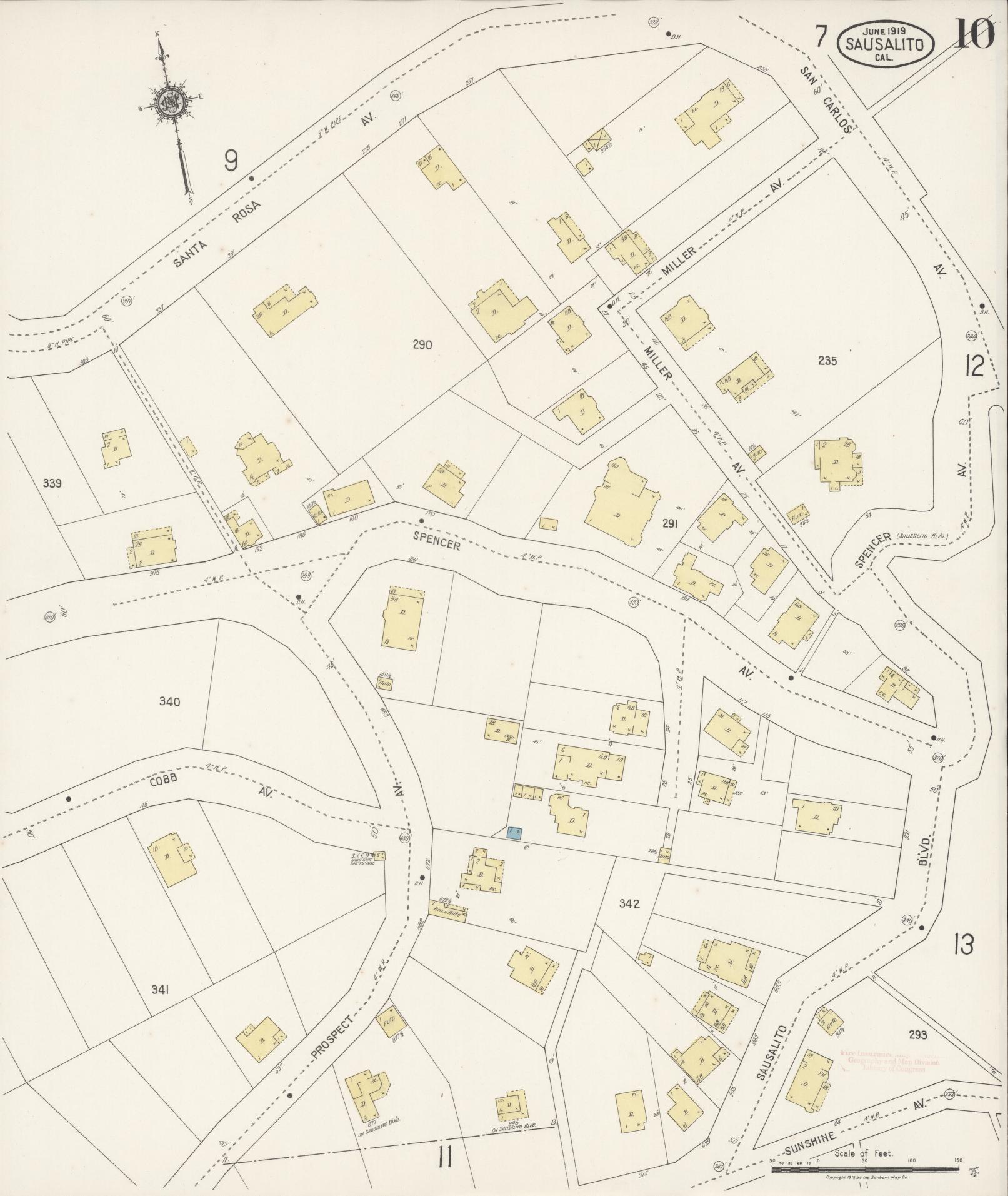 Sanborn Fire Insurance Map from Sausalito, Marin County, California (1919), Sheet #0010 - Complete Map Set gallery image, historic Sanborn map, vintage wall art, California California