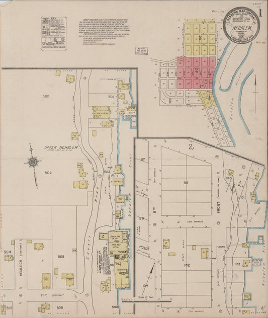 Sanborn Fire Insurance Map from Nehalem, Tillamook County, Oregon (1921), Sheet #0001 - Historic Sanborn Fire Insurance Map Print, vintage old map wall art, antique decor, genealogy gift, Oregon Oregon map