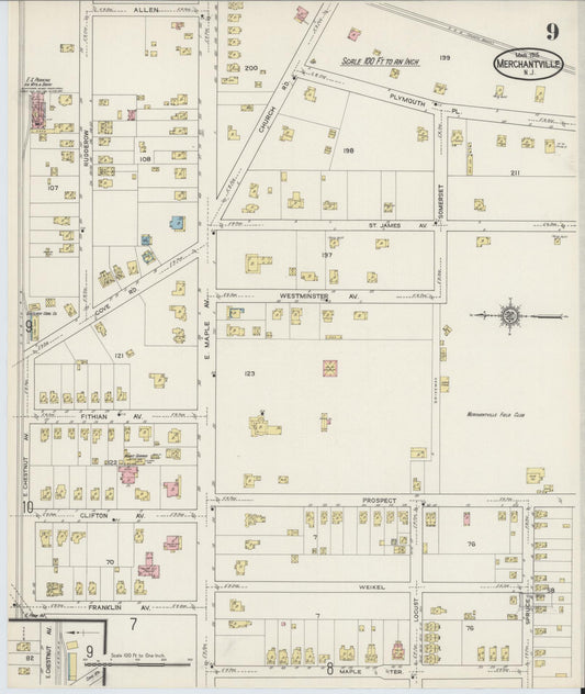 Sanborn Fire Insurance Map from Merchantville, Camden County, New Jersey (1915), Sheet #0009 - Historic Sanborn Fire Insurance Map Print, vintage old map wall art, antique decor, genealogy gift, New Jersey New Jersey map