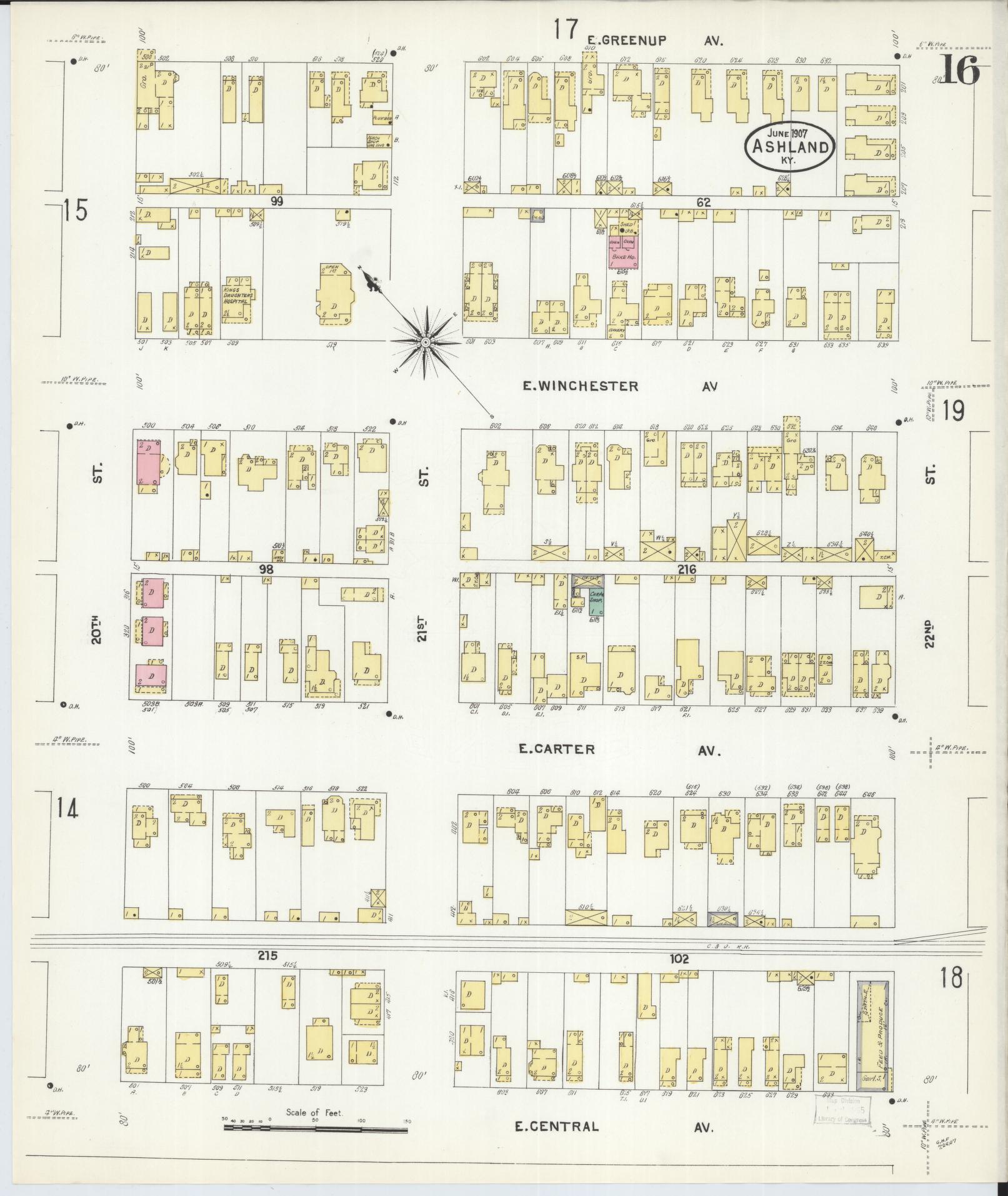 Sanborn Fire Insurance Map from Ashland, Boyd County, Kentucky (1907), Sheet #0016 - Complete Map Set gallery image, historic Sanborn map, vintage wall art, Kentucky Kentucky