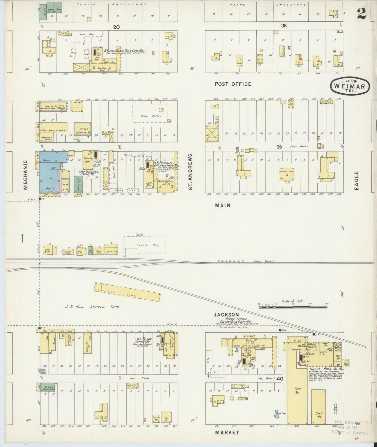 Sanborn Fire Insurance Map from Weimar, Colorado County, Texas (1896), Sheet #0002 - Historic Sanborn Fire Insurance Map Print, vintage old map wall art, antique decor, genealogy gift, Texas Texas map