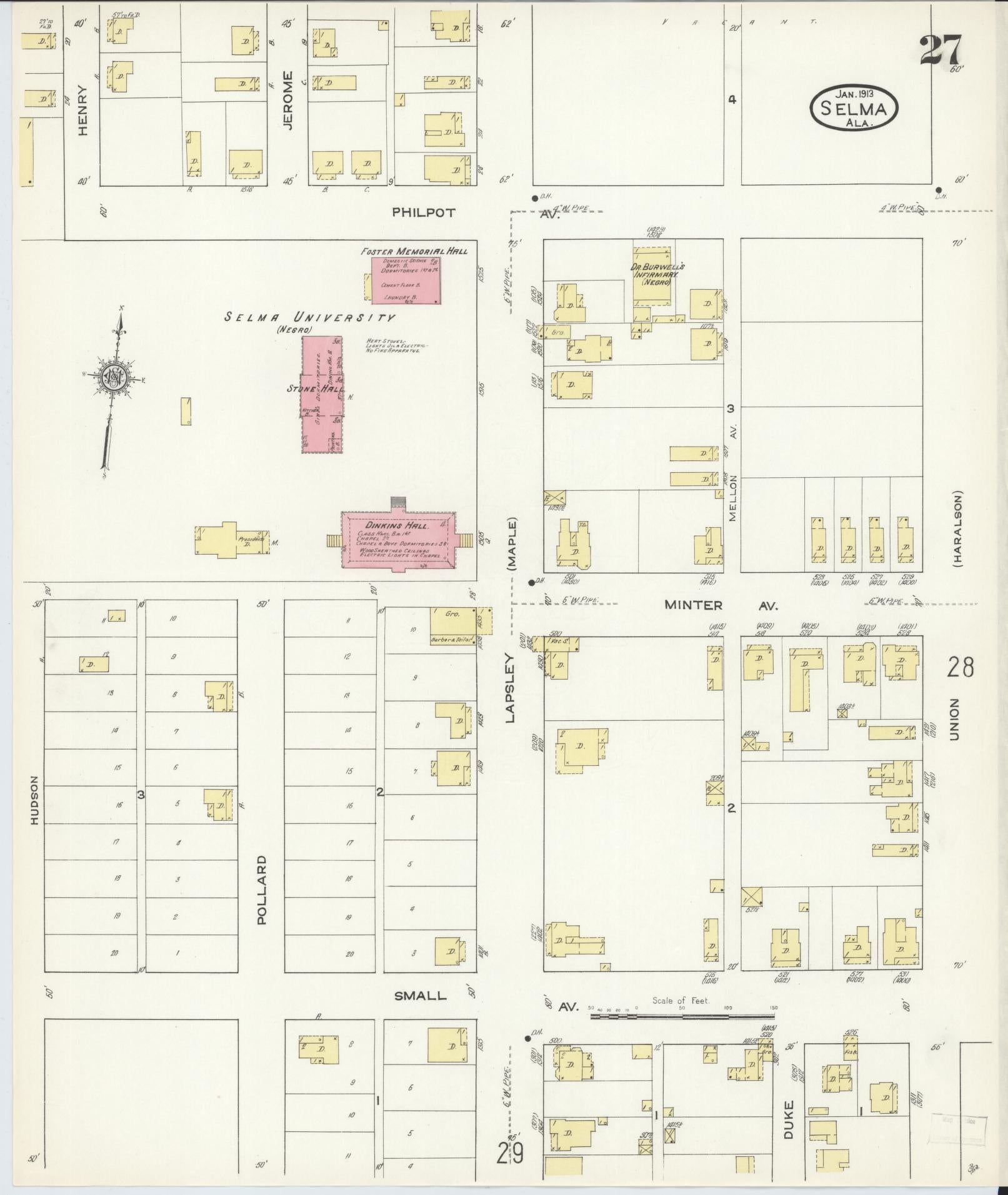 Sanborn Fire Insurance Map from Selma, Dallas County, Alabama (1913), Sheet #0027 - Historic Sanborn Fire Insurance Map Print, vintage old map wall art, antique decor, genealogy gift, Alabama Alabama map