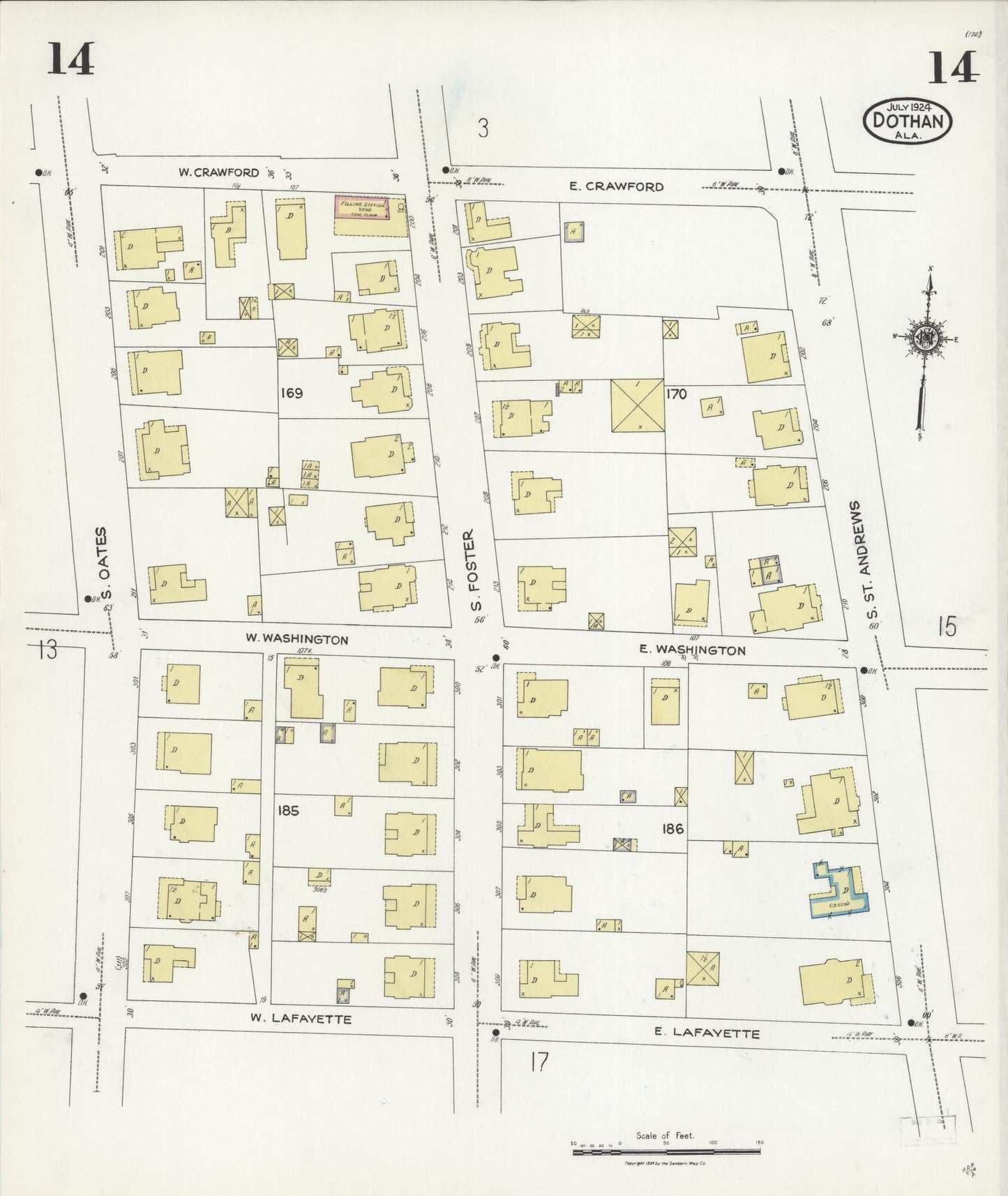 Sanborn Fire Insurance Map from Dothan, Houston County, Alabama (1924), Sheet #0014 - Historic Sanborn Fire Insurance Map Print, vintage old map wall art, antique decor, genealogy gift, Alabama Alabama map