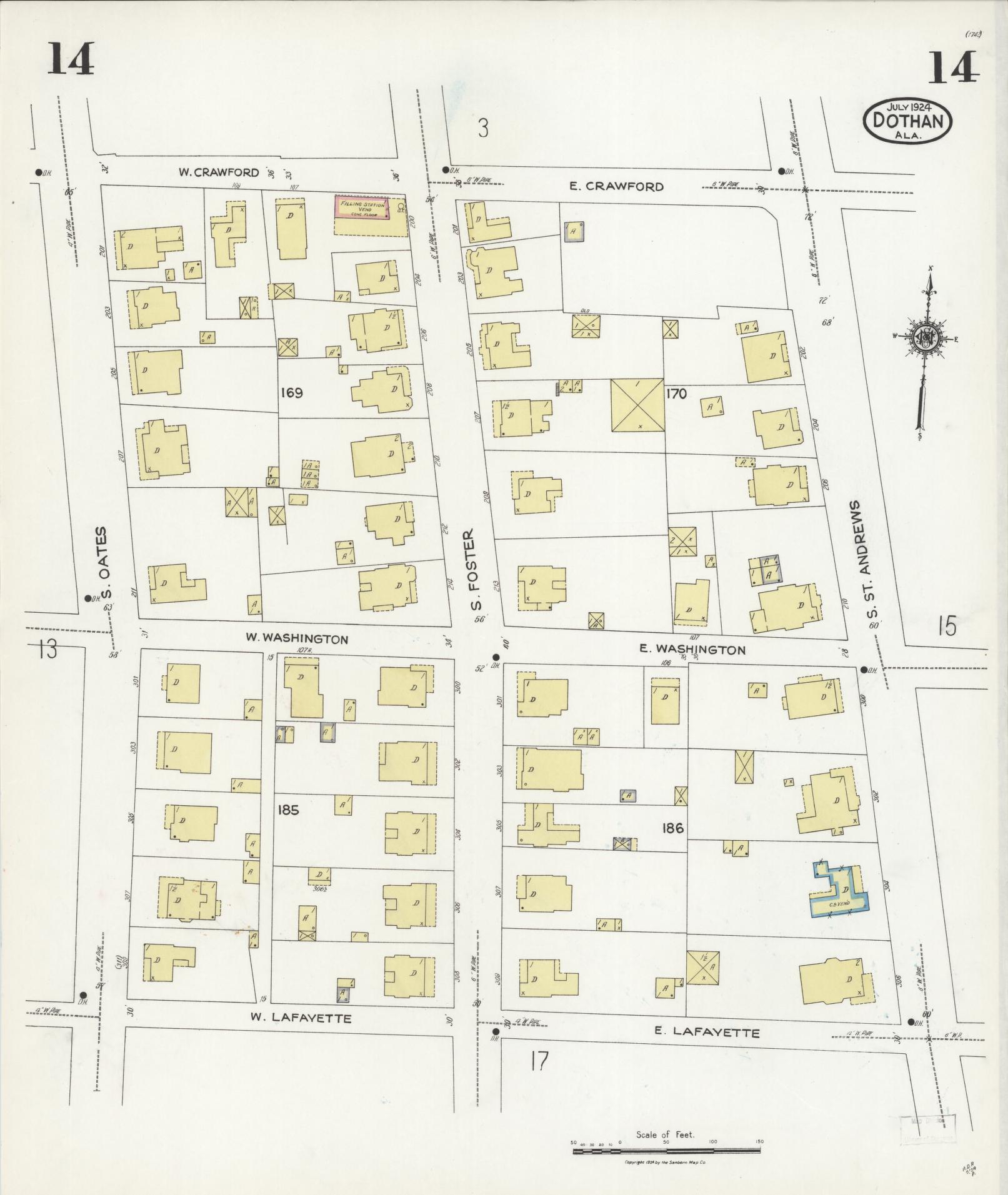 Sanborn Fire Insurance Map from Dothan, Houston County, Alabama (1924), Sheet #0014 - Historic Sanborn Fire Insurance Map Print, vintage old map wall art, antique decor, genealogy gift, Alabama Alabama map