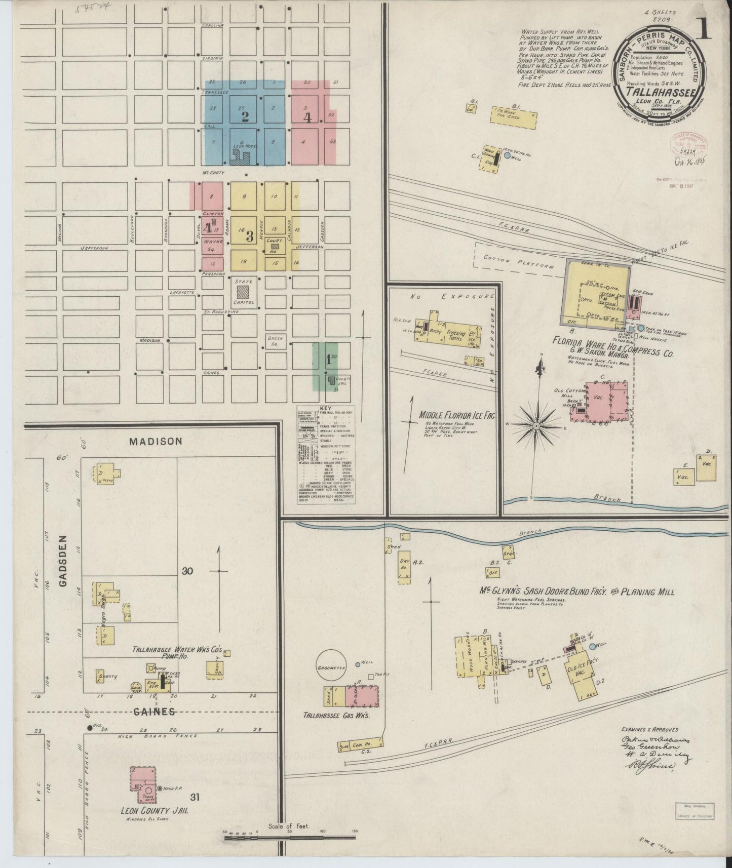 Sanborn Fire Insurance Map from Tallahassee, Leon County, Florida (1895), Sheet #0001 - Historic Sanborn Fire Insurance Map Print, vintage old map wall art, antique decor, genealogy gift, Florida Florida map