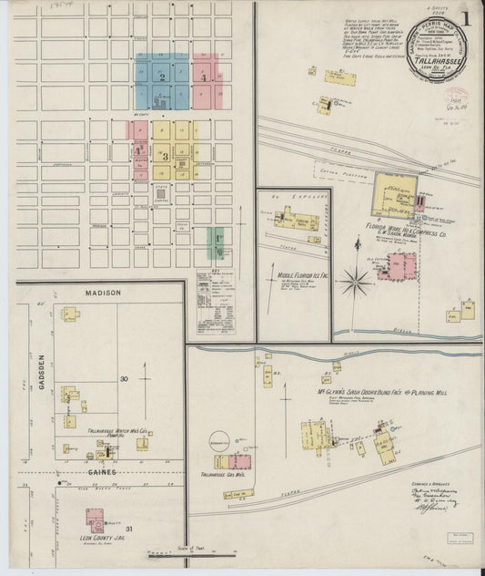 Sanborn Fire Insurance Map from Tallahassee, Leon County, Florida (1895), Sheet #0001 - Historic Sanborn Fire Insurance Map Print, vintage old map wall art, antique decor, genealogy gift, Florida Florida map