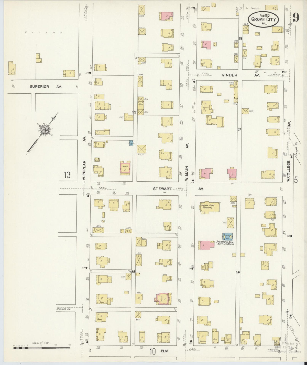 Sanborn Fire Insurance Map from Grove City, Mercer County, Pennsylvania (1912), Sheet #0009 - Historic Sanborn Fire Insurance Map Print, vintage old map wall art, antique decor, genealogy gift, Pennsylvania Pennsylvania map