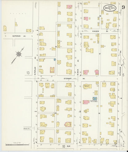 Sanborn Fire Insurance Map from Grove City, Mercer County, Pennsylvania (1912), Sheet #0009 - Historic Sanborn Fire Insurance Map Print, vintage old map wall art, antique decor, genealogy gift, Pennsylvania Pennsylvania map