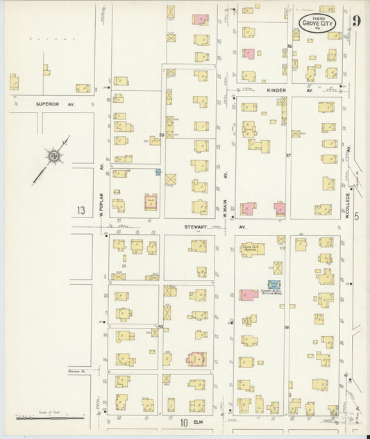 Sanborn Fire Insurance Map from Grove City, Mercer County, Pennsylvania (1912), Sheet #0009 - Historic Sanborn Fire Insurance Map Print, vintage old map wall art, antique decor, genealogy gift, Pennsylvania Pennsylvania map