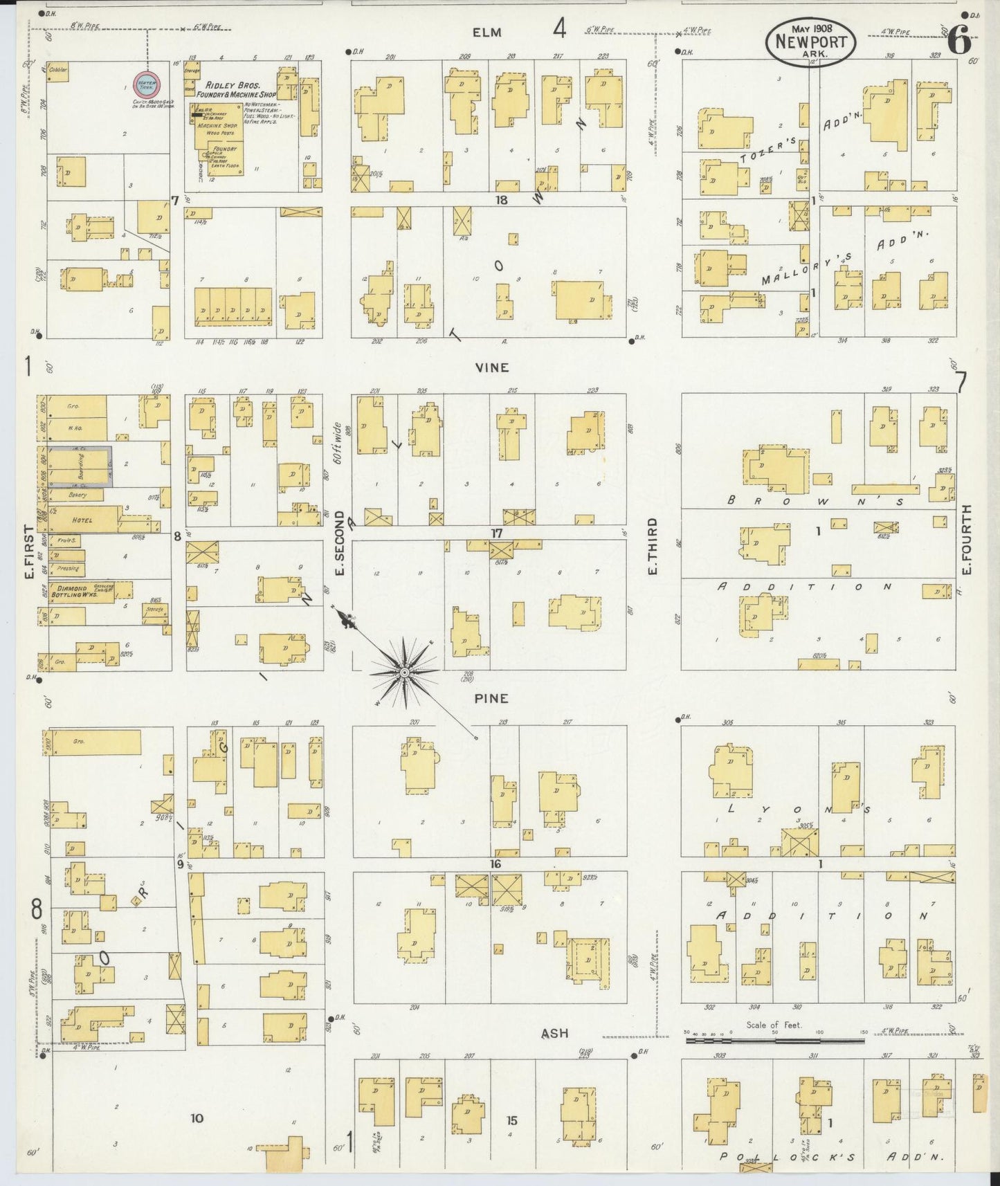 Sanborn Fire Insurance Map from Newport, Jackson County, Arkansas (1908), Sheet #0006 - Historic Sanborn Fire Insurance Map Print, vintage old map wall art, antique decor, genealogy gift, Arkansas Arkansas map