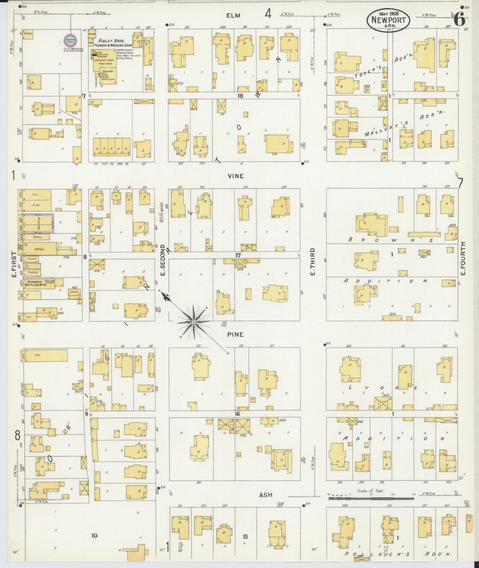 Sanborn Fire Insurance Map from Newport, Jackson County, Arkansas (1908), Sheet #0006 - Historic Sanborn Fire Insurance Map Print, vintage old map wall art, antique decor, genealogy gift, Arkansas Arkansas map