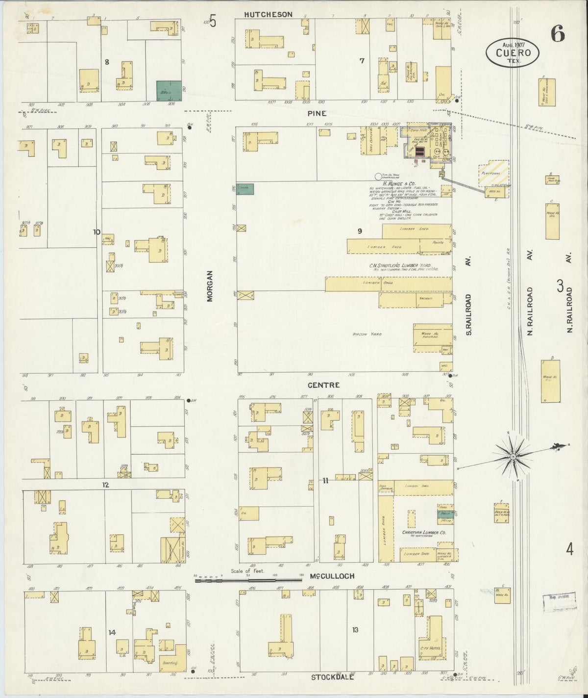 Sanborn Fire Insurance Map from Cuero, De Witt County, Texas (1907), Sheet #0006 - Historic Sanborn Fire Insurance Map Print, vintage old map wall art, antique decor, genealogy gift, Texas Texas map