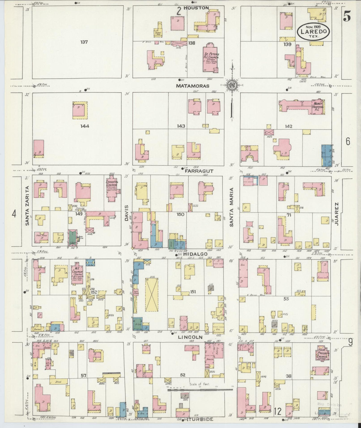 Sanborn Fire Insurance Map from Laredo, Webb County, Texas (1909), Sheet #0005 - Complete Map Set gallery image, historic Sanborn map, vintage wall art, Texas Texas