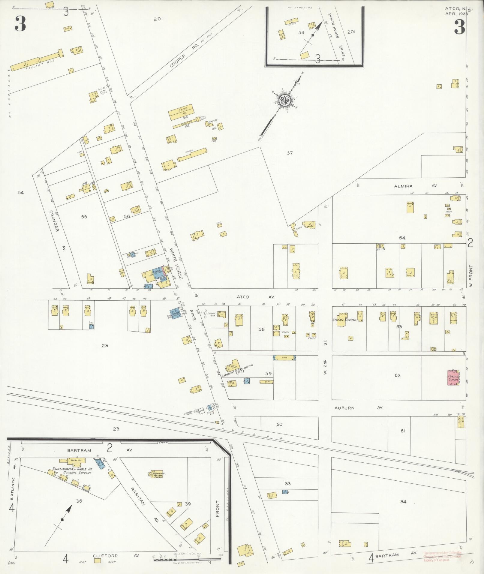 Sanborn Fire Insurance Map from Atco, Camden County, New Jersey (1933), Sheet #0003 - Historic Sanborn Fire Insurance Map Print, vintage old map wall art, antique decor, genealogy gift, New Jersey New Jersey map