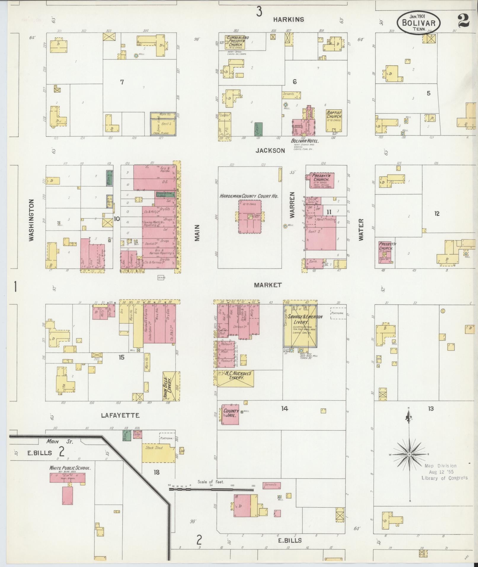Sanborn Fire Insurance Map from Bolivar, Hardeman County, Tennessee (1901), Sheet #0002 - Complete Map Set gallery image, historic Sanborn map, vintage wall art, Tennessee Tennessee
