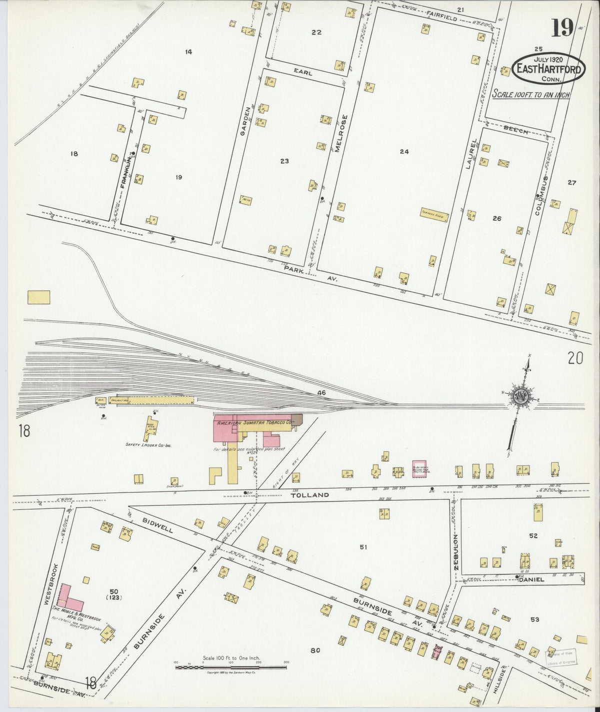 Sanborn Fire Insurance Map from East Hartford, Hartford County, Connecticut (1920), Sheet #0019 - Historic Sanborn Fire Insurance Map Print, vintage old map wall art, antique decor, genealogy gift, Connecticut Connecticut map