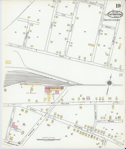Sanborn Fire Insurance Map from East Hartford, Hartford County, Connecticut (1920), Sheet #0019 - Historic Sanborn Fire Insurance Map Print, vintage old map wall art, antique decor, genealogy gift, Connecticut Connecticut map