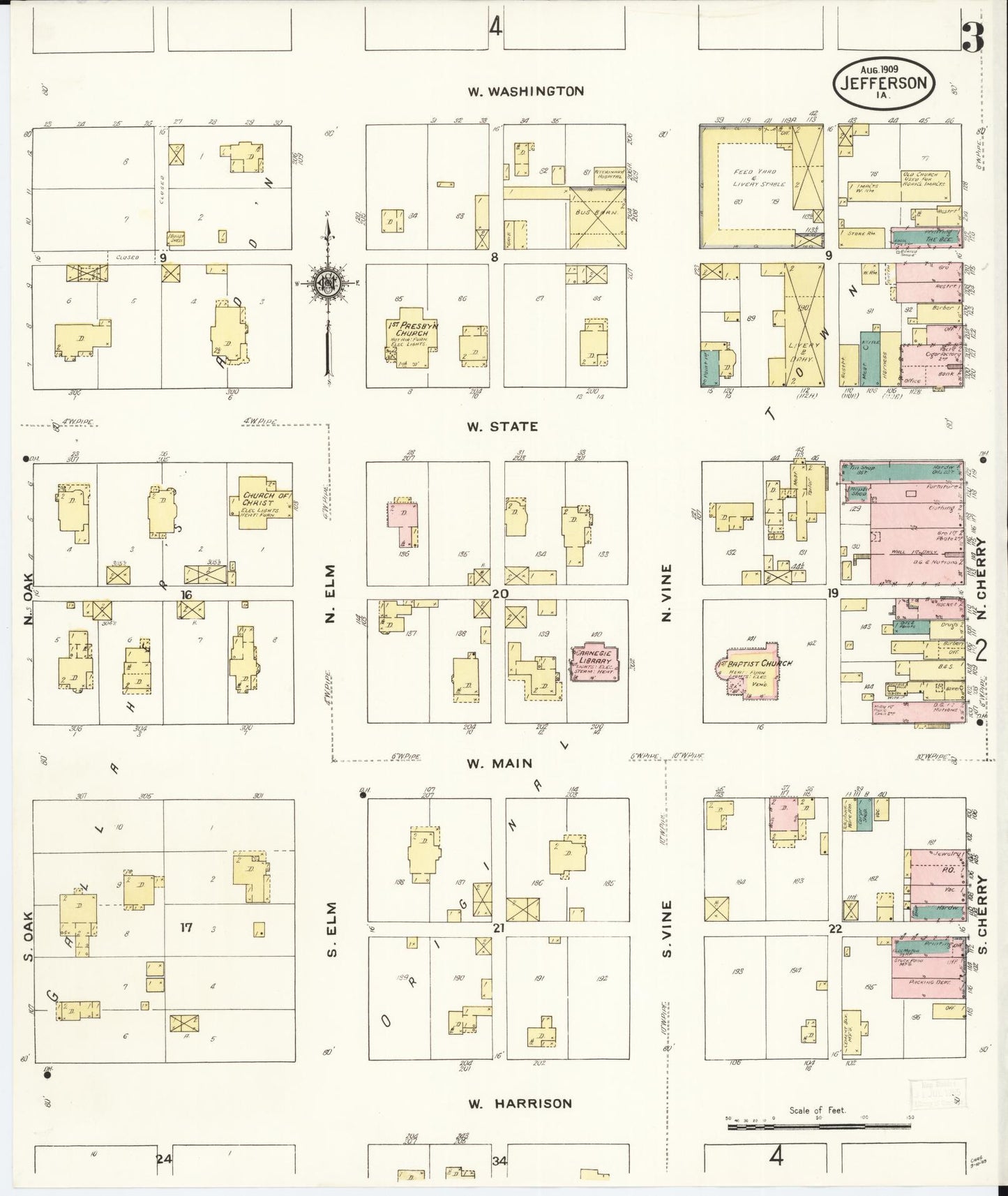 Sanborn Fire Insurance Map from Jefferson, Greene County, Iowa (1909), Sheet #0003 - Historic Sanborn Fire Insurance Map Print, vintage old map wall art