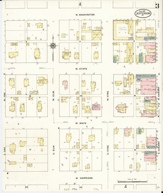 Sanborn Fire Insurance Map from Jefferson, Greene County, Iowa (1909), Sheet #0003 - Historic Sanborn Fire Insurance Map Print, vintage old map wall art