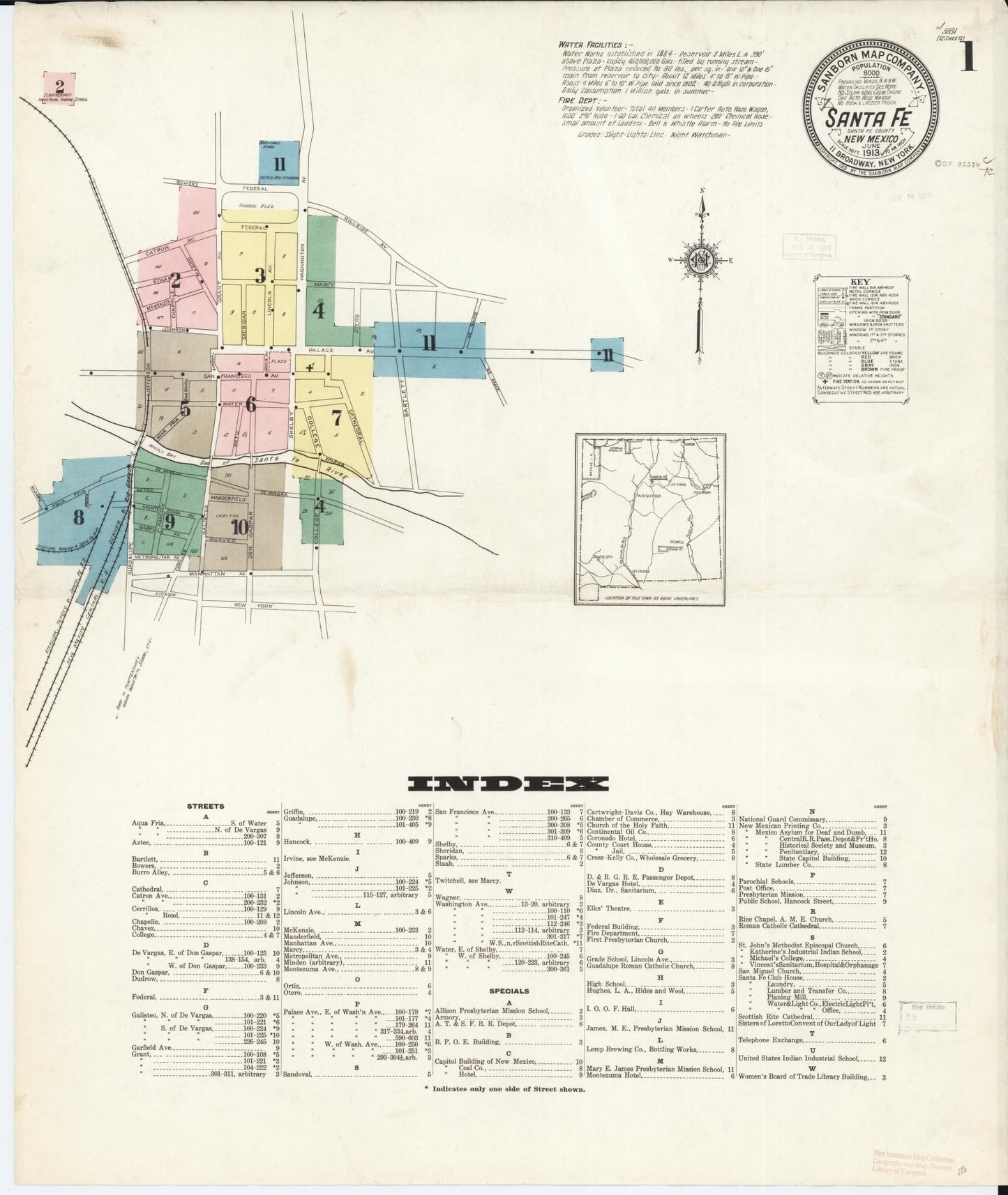 Sanborn Fire Insurance Map from Santa Fe, Santa Fe County, New Mexico (1913), Sheet #0001 - Complete Map Set gallery image, historic Sanborn map, vintage wall art, New Mexico New Mexico
