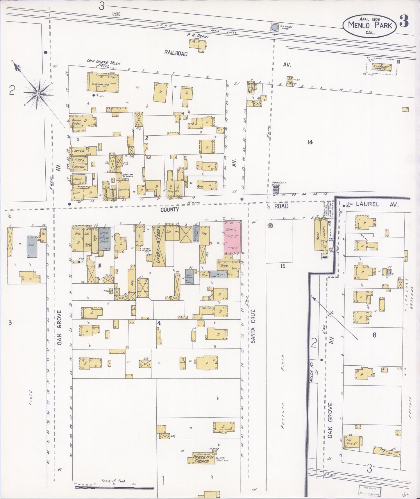 Sanborn Fire Insurance Map from Menlo Park, San Mateo County, California (1908), Sheet #0003 - Historic Sanborn Fire Insurance Map Print, vintage old map wall art, antique decor, genealogy gift, California California map