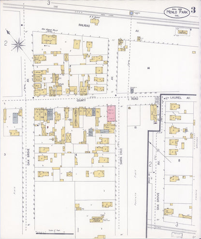 Sanborn Fire Insurance Map from Menlo Park, San Mateo County, California (1908), Sheet #0003 - Historic Sanborn Fire Insurance Map Print, vintage old map wall art, antique decor, genealogy gift, California California map