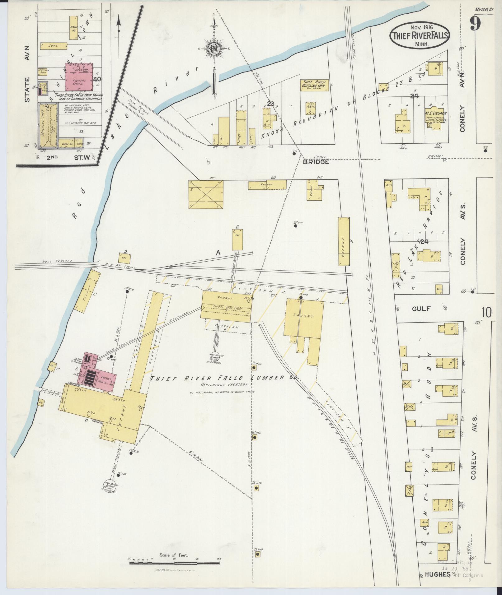 Sanborn Fire Insurance Map from Thief River Falls, Pennington County, Minnesota (1916), Sheet #0009 - Complete Map Set gallery image, historic Sanborn map, vintage wall art, Minnesota Minnesota