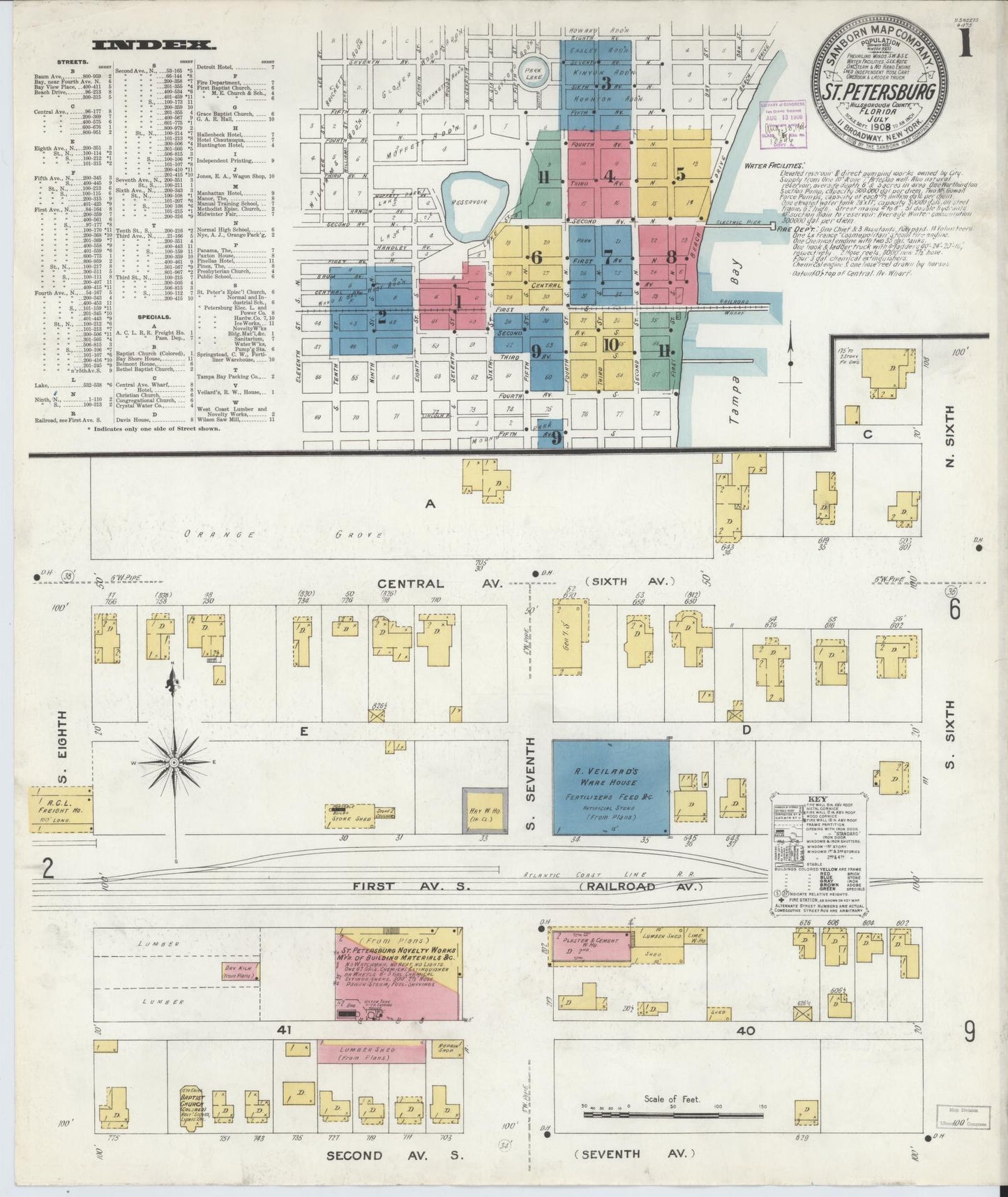 Sanborn Fire Insurance Map from Saint Petersburg, Pinellas County, Florida (1908), Sheet #0001 - Historic Sanborn Fire Insurance Map Print, vintage old map wall art, antique decor, genealogy gift, Florida Florida map