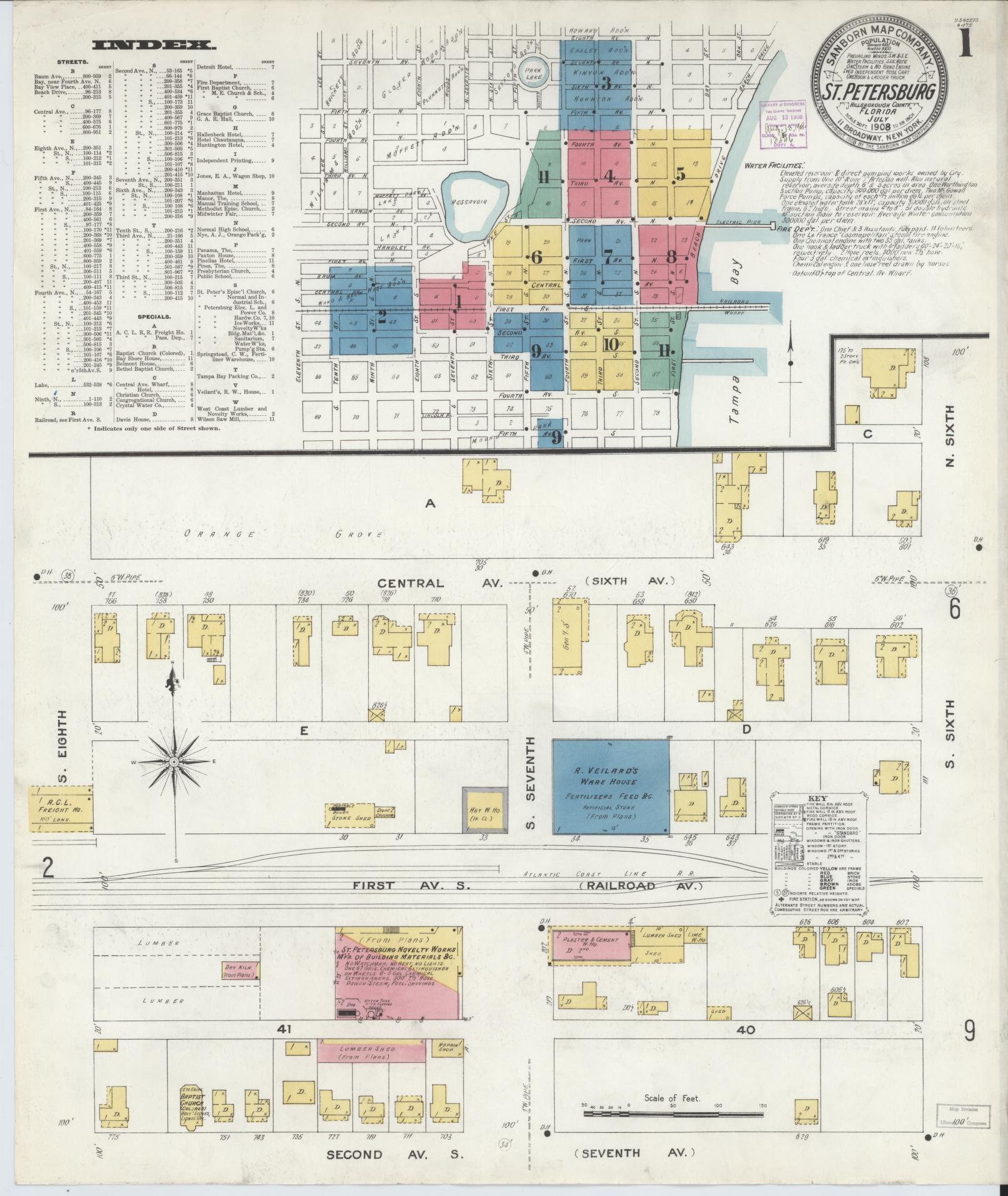 Sanborn Fire Insurance Map from Saint Petersburg, Pinellas County, Florida (1908), Sheet #0001 - Historic Sanborn Fire Insurance Map Print, vintage old map wall art, antique decor, genealogy gift, Florida Florida map