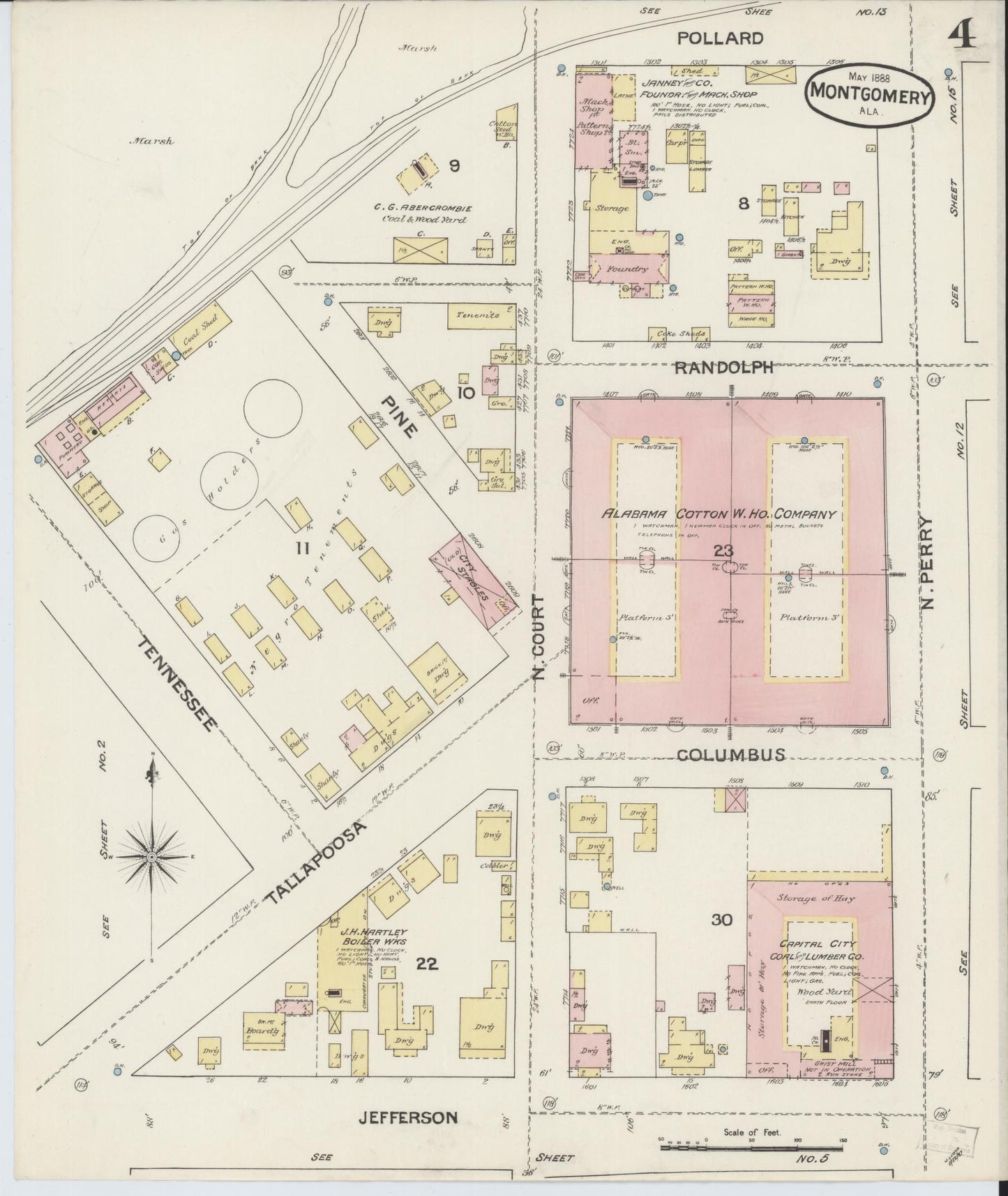 Sanborn Fire Insurance Map from Montgomery, Montgomery County, Alabama (1888), Sheet #0004 - Historic Sanborn Fire Insurance Map Print, vintage old map wall art, antique decor, genealogy gift, Alabama Alabama map