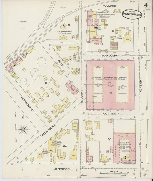 Sanborn Fire Insurance Map from Montgomery, Montgomery County, Alabama (1888), Sheet #0004 - Historic Sanborn Fire Insurance Map Print, vintage old map wall art, antique decor, genealogy gift, Alabama Alabama map