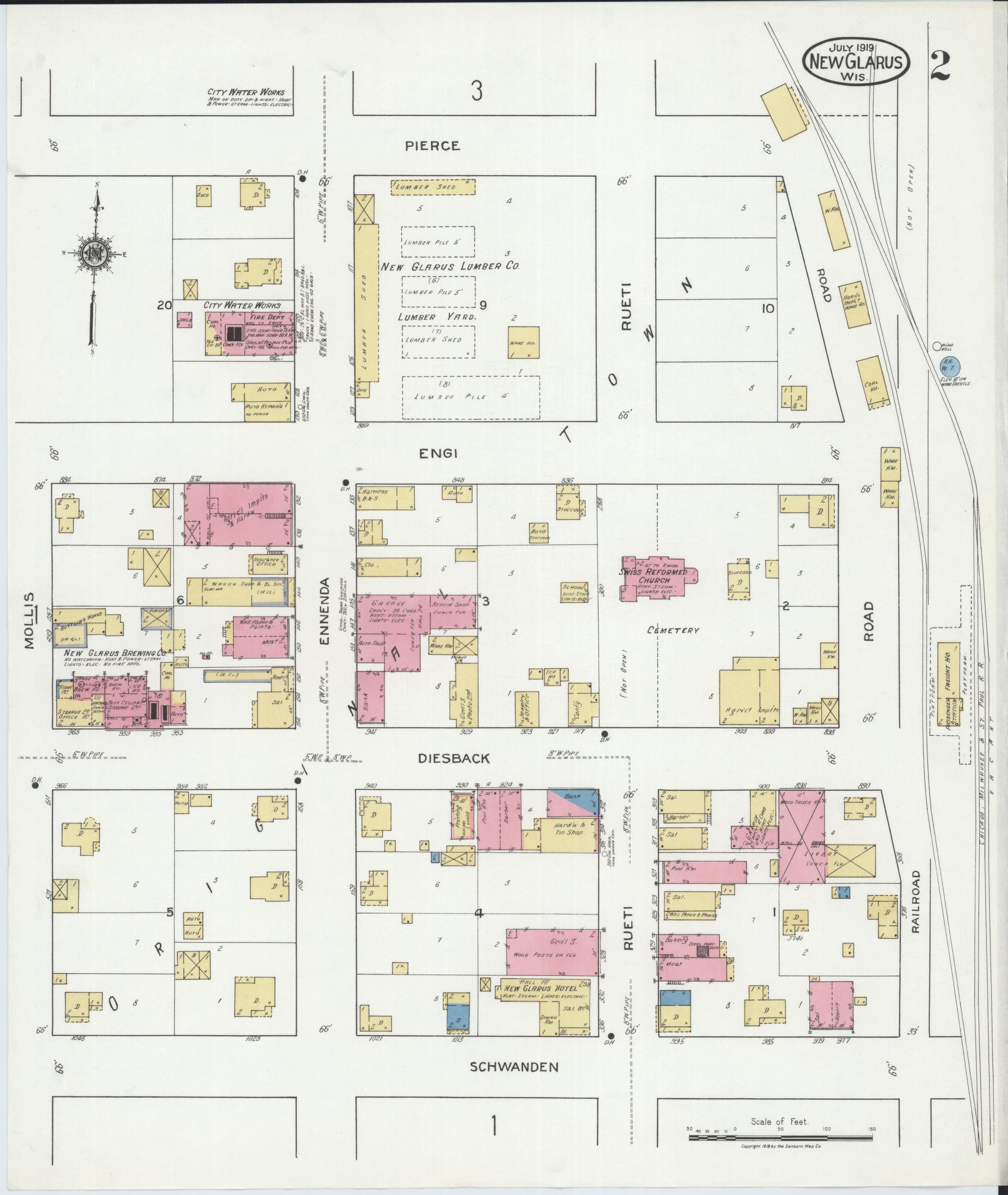 Sanborn Fire Insurance Map from New Glarus, Green County, Wisconsin (1919), Sheet #0002 - Complete Map Set gallery image, historic Sanborn map, vintage wall art, Wisconsin Wisconsin