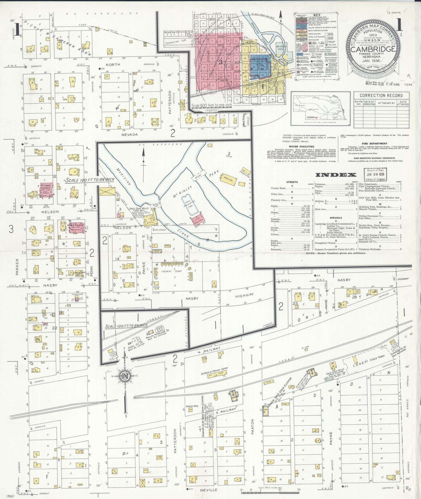Sanborn Fire Insurance Map from Cambridge, Furnas County, Nebraska (1936), Sheet #0001 - Complete Map Set gallery image, historic Sanborn map, vintage wall art, Nebraska Nebraska