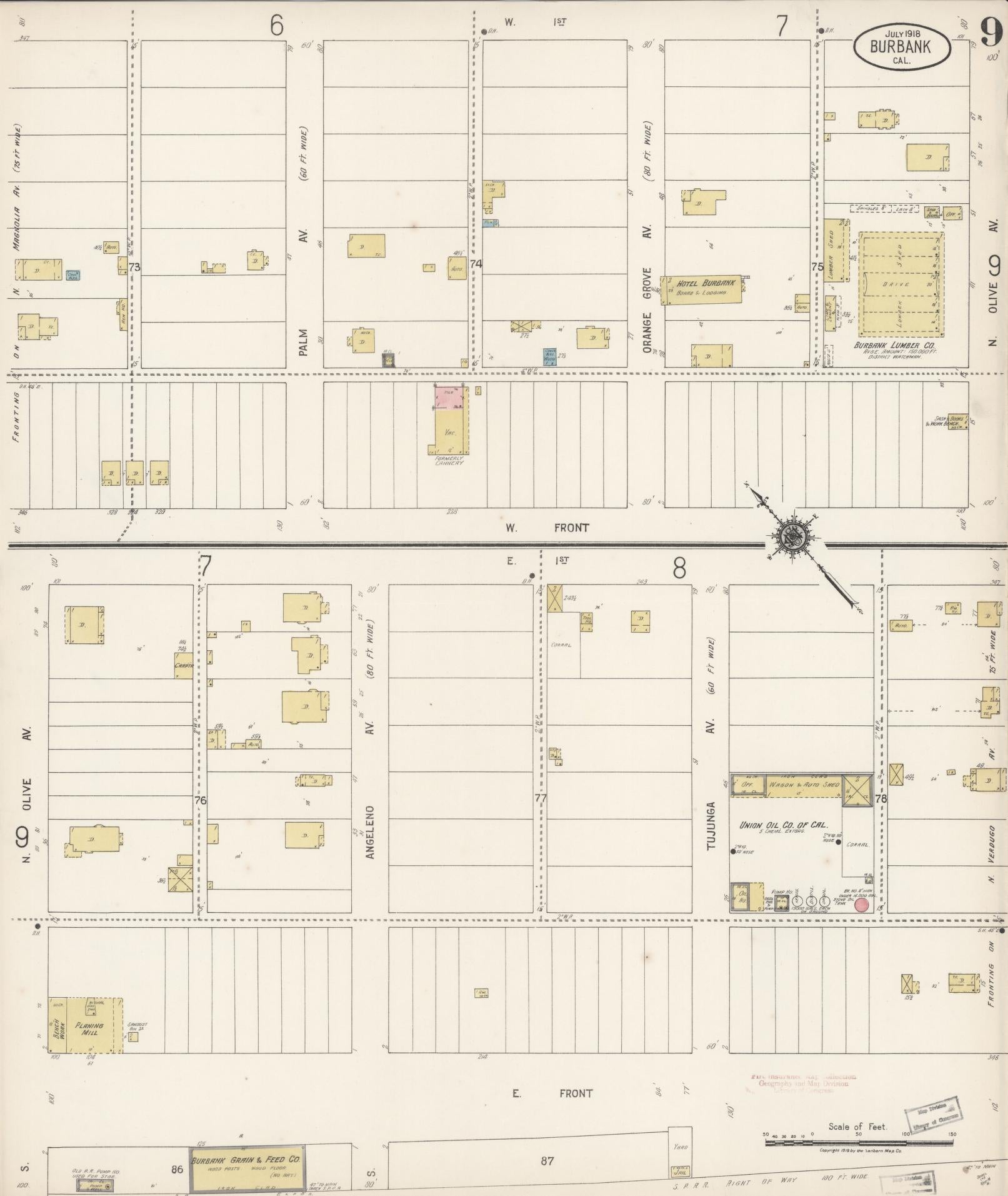 Sanborn Fire Insurance Map from Burbank, Los Angeles County, California (1918), Sheet #0009 - Complete Map Set gallery image, historic Sanborn map, vintage wall art, California California