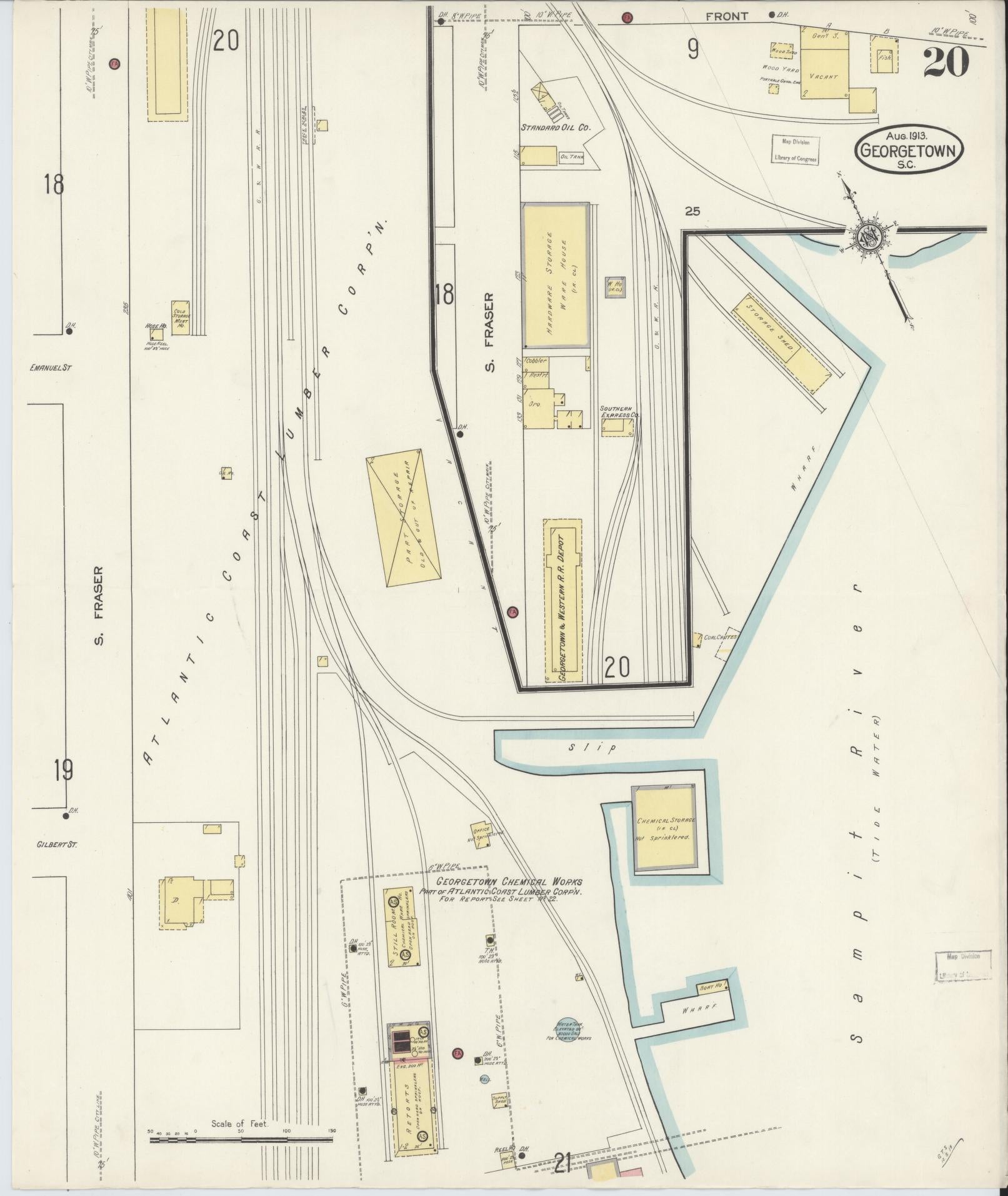 Sanborn Fire Insurance Map from Georgetown, Georgetown County, South Carolina (1913), Sheet #0020 - Historic Sanborn Fire Insurance Map Print, vintage old map wall art, antique decor, genealogy gift, South Carolina South Carolina map