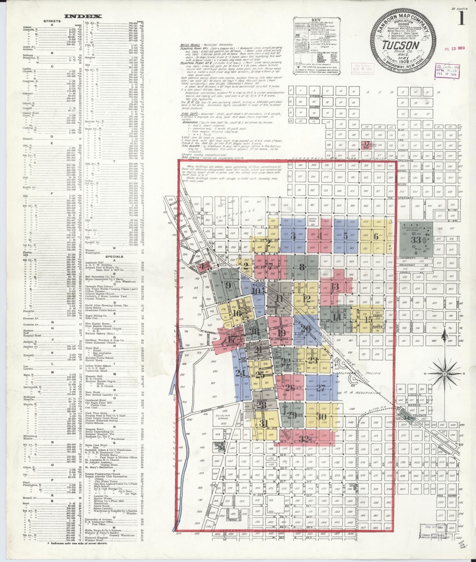 Sanborn Fire Insurance Map from Tucson, Pima County, Arizona (1909), Sheet #0001 - Historic Sanborn Fire Insurance Map Print, vintage old map wall art, antique decor, genealogy gift, Arizona Arizona map