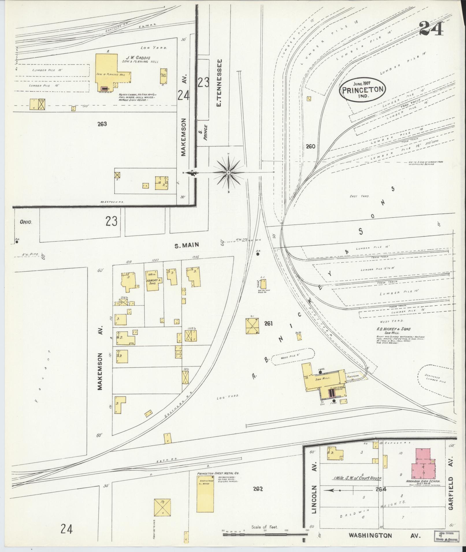 Sanborn Fire Insurance Map from Princeton, Gibson County, Indiana (1907), Sheet #0024 - Historic Sanborn Fire Insurance Map Print, vintage old map wall art, antique decor, genealogy gift, Indiana Indiana map