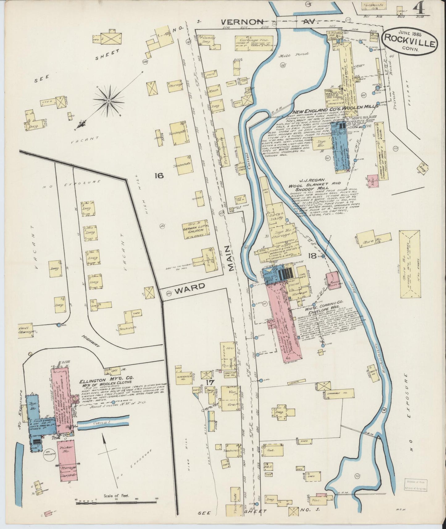 Sanborn Fire Insurance Map from Rockville, Tolland County, Connecticut (1885), Sheet #0004 - Complete Map Set gallery image, historic Sanborn map, vintage wall art, Connecticut Connecticut