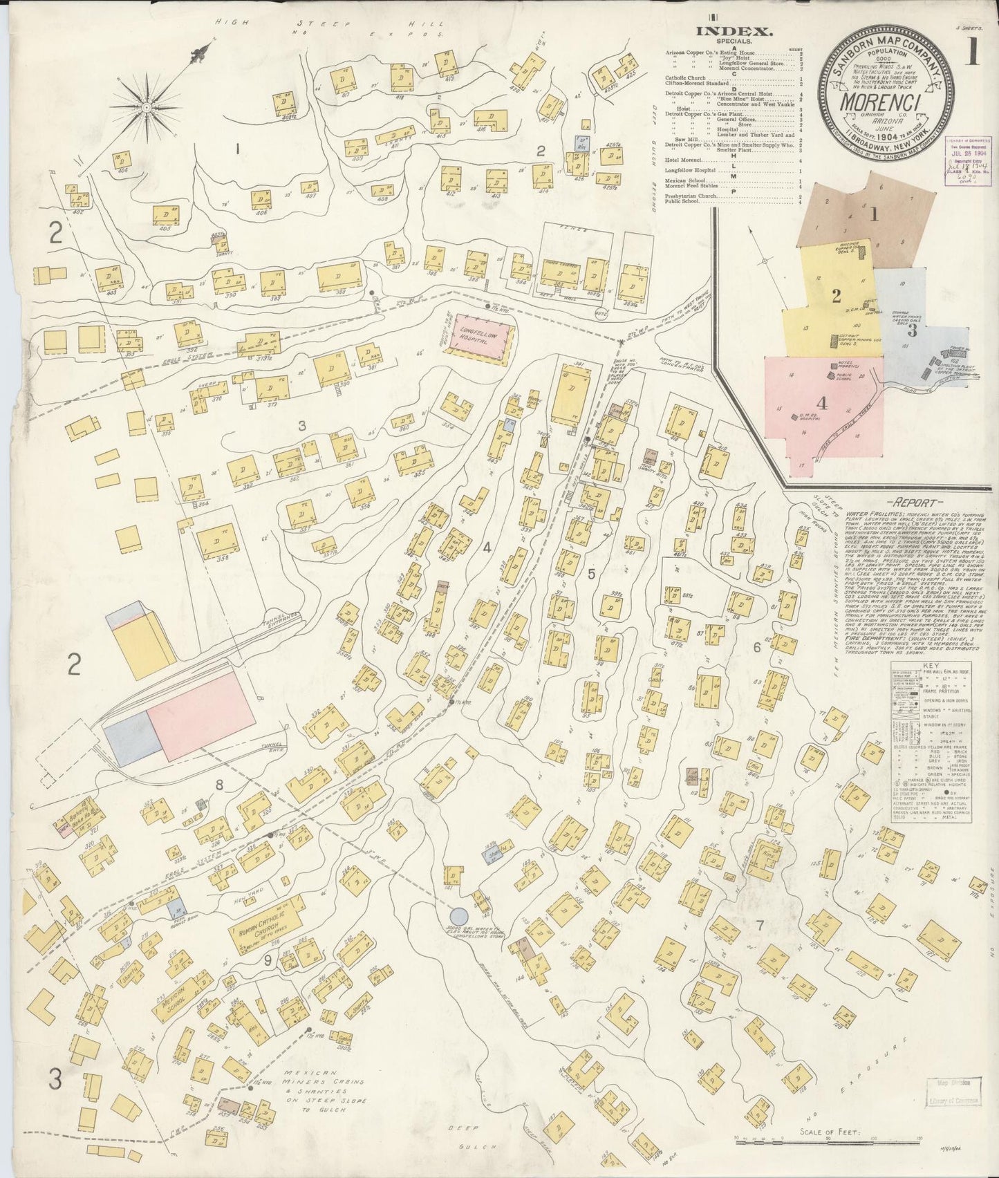Sanborn Fire Insurance Map from Morenci, Greenlee County, Arizona (1904), Sheet #0001 - Historic Sanborn Fire Insurance Map Print, vintage old map wall art, antique decor, genealogy gift, Arizona Arizona map