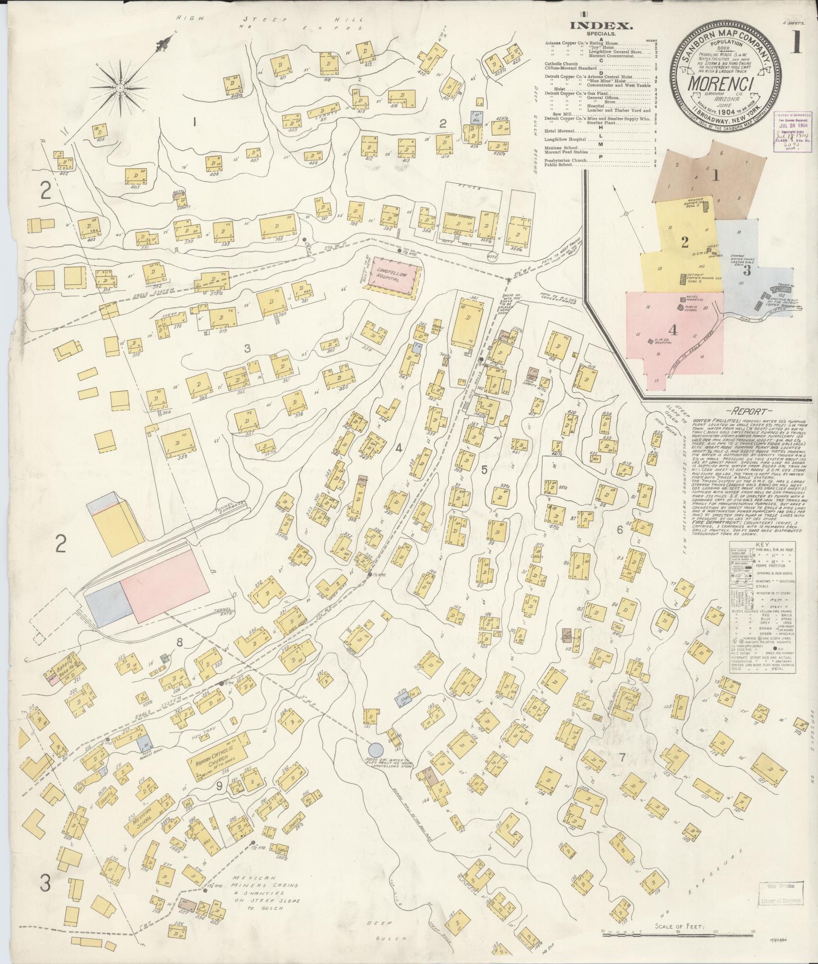 Sanborn Fire Insurance Map from Morenci, Greenlee County, Arizona (1904), Sheet #0001 - Historic Sanborn Fire Insurance Map Print, vintage old map wall art, antique decor, genealogy gift, Arizona Arizona map