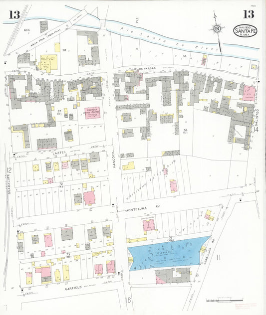 Sanborn Fire Insurance Map from Santa Fe, Santa Fe County, New Mexico (1930), Sheet #0013 - Historic Sanborn Fire Insurance Map Print, vintage old map wall art, antique decor, genealogy gift, New Mexico New Mexico map