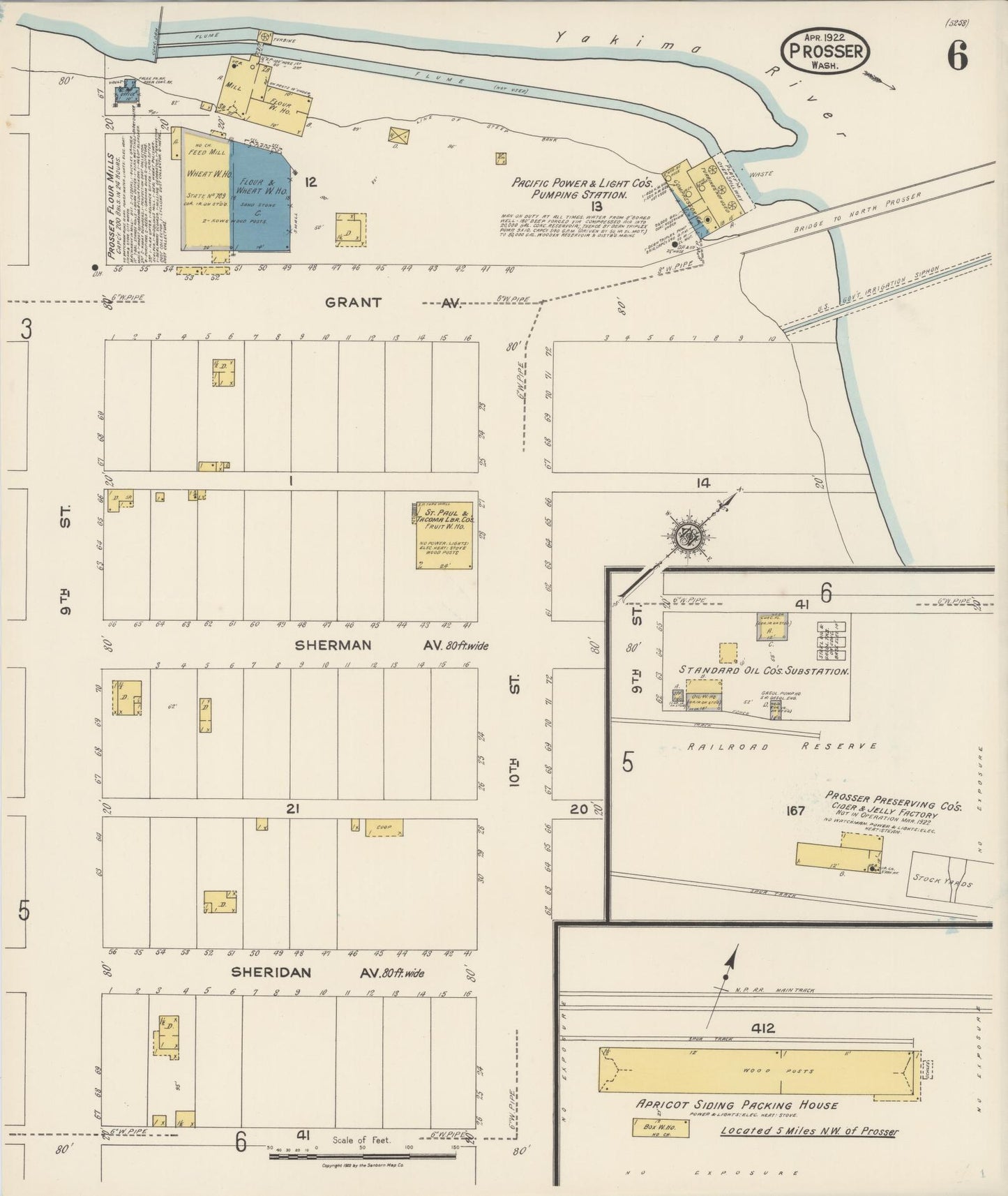 Sanborn Fire Insurance Map from Prosser, Benton County, Washington (1922), Sheet #0006 - Historic Sanborn Fire Insurance Map Print, vintage old map wall art, antique decor, genealogy gift, Washington Washington map
