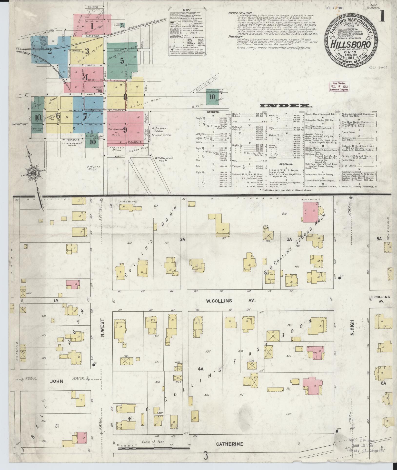 Sanborn Fire Insurance Map from Hillsboro, Highland County, Ohio (1911), Sheet #0001 - Complete Map Set gallery image, historic Sanborn map, vintage wall art, Ohio Ohio