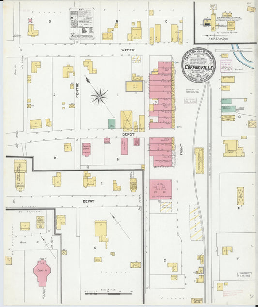 Sanborn Fire Insurance Map from Coffeeville, Yolabusha County, Mississippi (1905), Sheet #0001 - Historic Sanborn Fire Insurance Map Print, vintage old map wall art, antique decor, genealogy gift, Mississippi Mississippi map