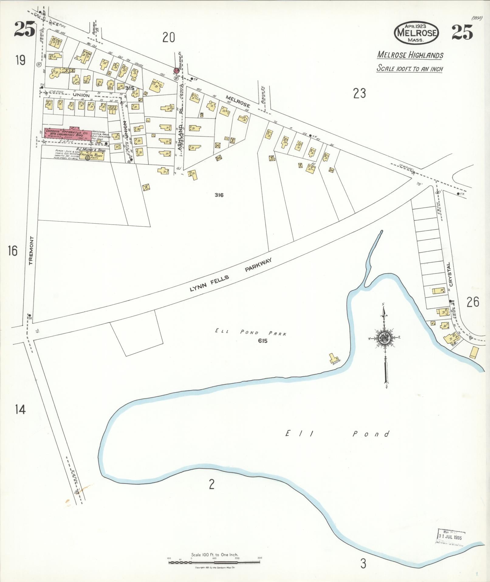 Sanborn Fire Insurance Map from Melrose, Middlesex County, Massachusetts (1923), Sheet #0025 - Complete Map Set gallery image, historic Sanborn map, vintage wall art, Massachusetts Massachusetts