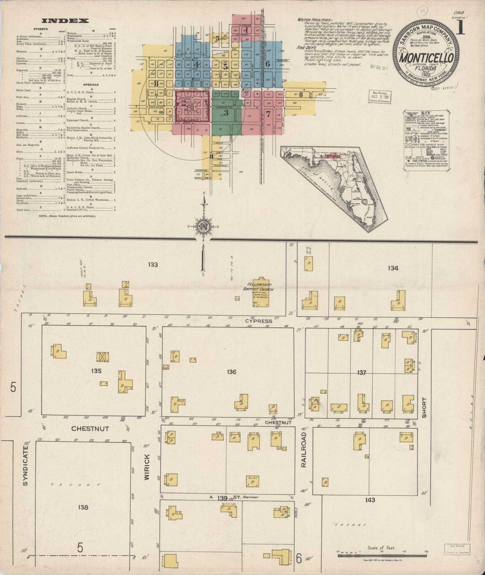 Sanborn Fire Insurance Map from Monticello, Jefferson County, Florida (1922), Sheet #0001 - Historic Sanborn Fire Insurance Map Print, vintage old map wall art, antique decor, genealogy gift, Florida Florida map