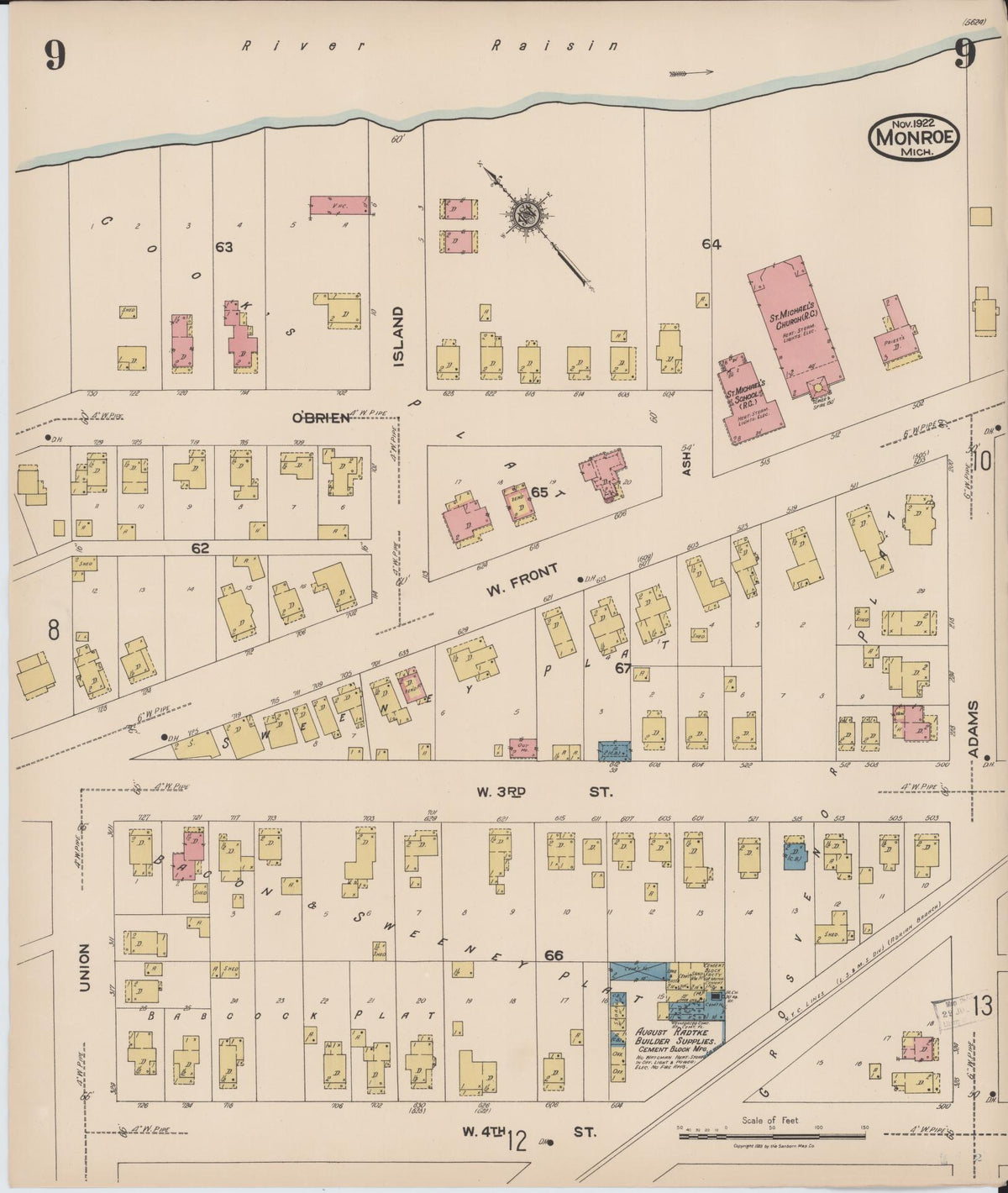 Sanborn Fire Insurance Map from Monroe, Monroe County, Michigan (1922), Sheet #0009 - Historic Sanborn Fire Insurance Map Print, vintage old map wall art, antique decor, genealogy gift, Michigan Michigan map