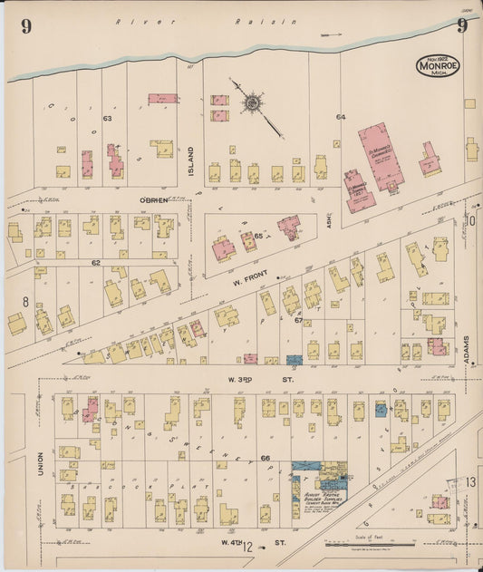 Sanborn Fire Insurance Map from Monroe, Monroe County, Michigan (1922), Sheet #0009 - Historic Sanborn Fire Insurance Map Print, vintage old map wall art, antique decor, genealogy gift, Michigan Michigan map