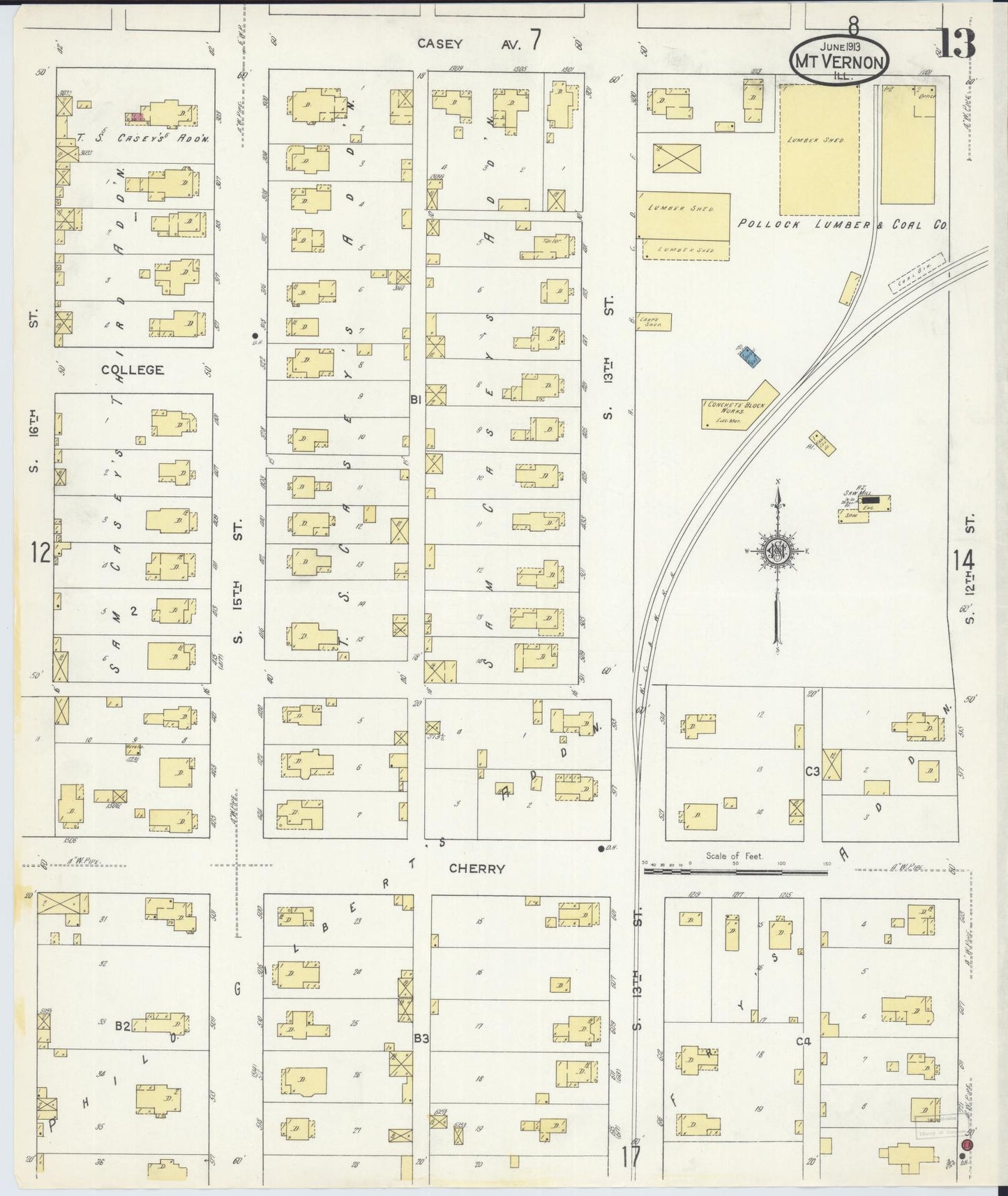 Sanborn Fire Insurance Map from Mount Vernon, Jefferson County, Illinois (1913), Sheet #0013 - Historic Sanborn Fire Insurance Map Print, vintage old map wall art, antique decor, genealogy gift, Illinois Illinois map