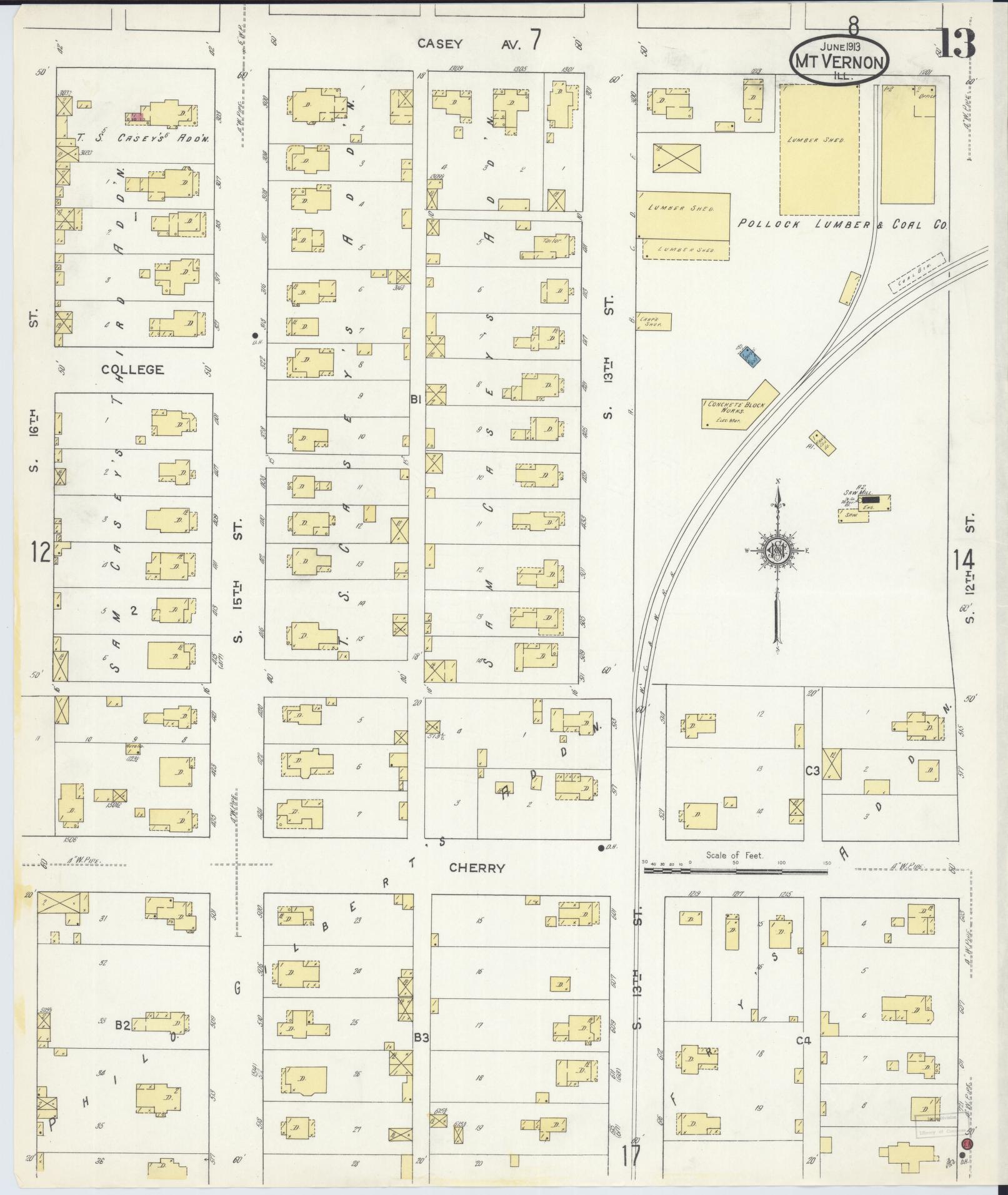 Sanborn Fire Insurance Map from Mount Vernon, Jefferson County, Illinois (1913), Sheet #0013 - Historic Sanborn Fire Insurance Map Print, vintage old map wall art, antique decor, genealogy gift, Illinois Illinois map